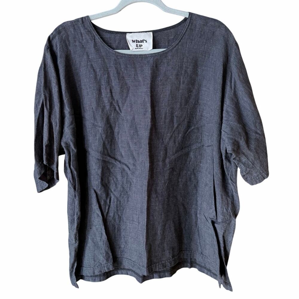 Vintage heather black 100% linen short sleeve shirt lagenlook large USA classic
